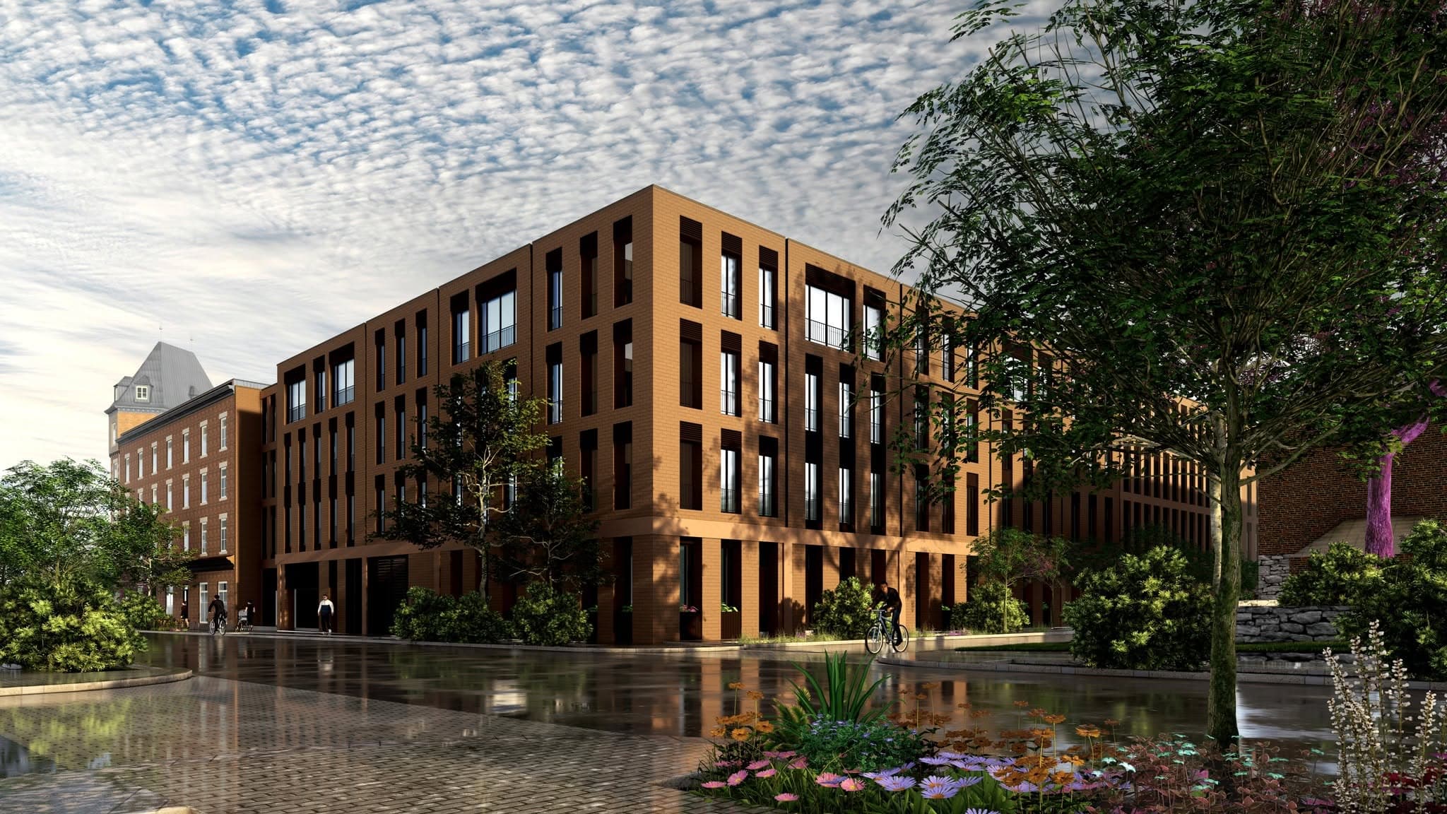 Rendu architectural d'un bâtiment en brique le long d'une rue arborée